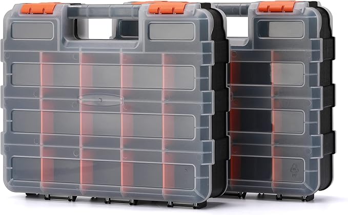 EMENTOL 2PCS Double Side Tool Organizer with Impact Resistant Polymer and Customizable Removable Plastic Dividers, Hardware Box Storage, Excellent for Screws, Nuts, 34-Compartment, Black/Orange