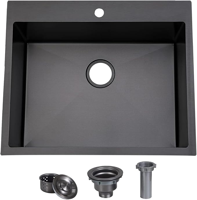 SHACO 25x22 Black Drop In Kitchen Sink, 25 Inch Gunmetal Black Topmount Single Bowl 16 Gauge Stainless Steel Sink for Bar Prep RV Laundry Utility Small Kitchen