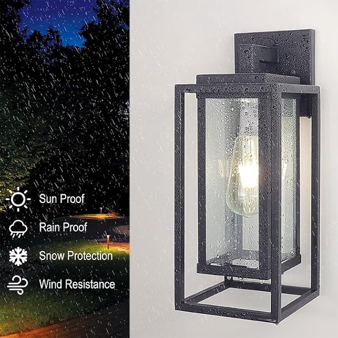 14" Outdoor Wall Light Fixtures Waterproofed Exterior Lantern W/Sturdy Rectangular Double Cage In Satin Black&Clear Tempered Glass,Sconce Mounted For House Patio,Front door,Porch,Garage Lighting 2Pack