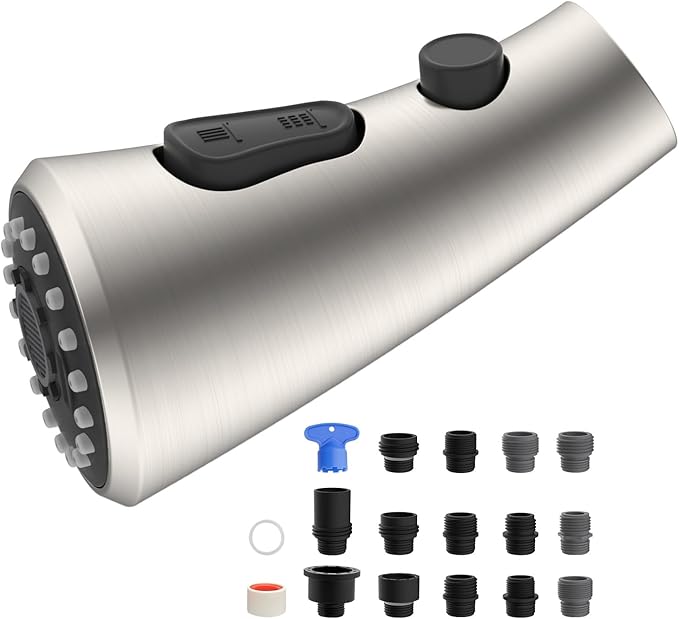 Hibbent Curved Pull Down Kitchen Faucet Head Replacement, 3-Function Kitchen Sink Spray Nozzle with 14 Adapters, Anti-Splash, Compatible with Kohler Bent Faucets, Brushed Nickel