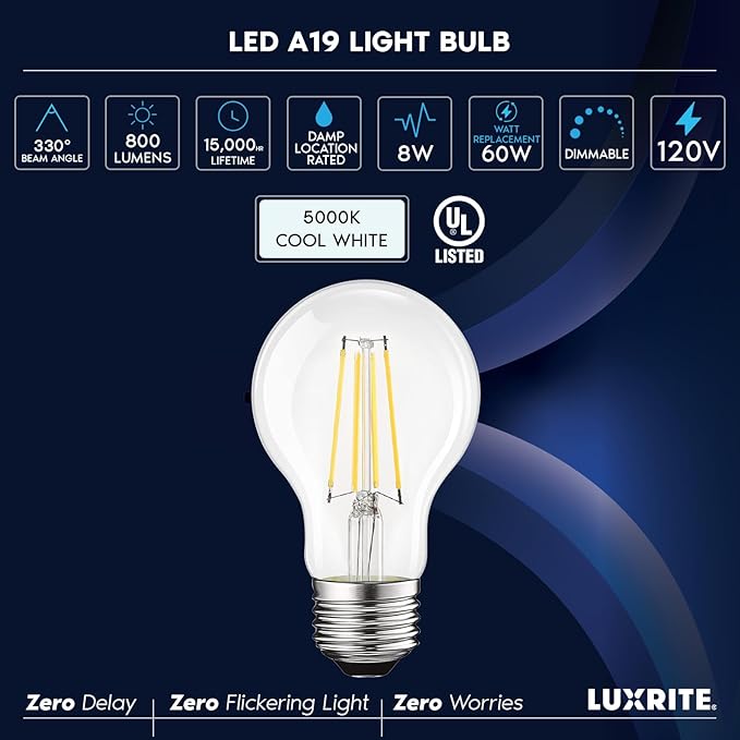 LUXRITE Vintage A19 LED Light Bulbs 60W Equivalent, 5000K Bright White Dimmable, 800 Lumens, Standard LED Edison Bulb 8W, UL Listed, E26 Base (4 Pack)