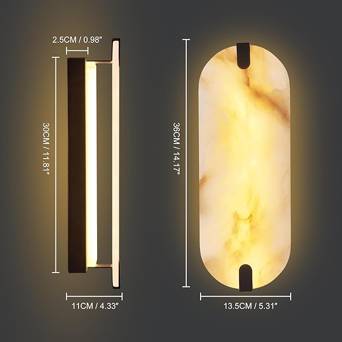 14.17in Alabaster Wall Sconces, Natural Marble Wall Light Set of Two, Modern LED Alabaster Sconces for Living Room Indoor Wall Lamps for Dining Room Stairs Bedroom,Black