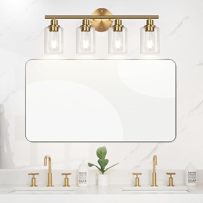 4-Light Bathroom Light Fixtures, Brushed Gold Modern Vanity Lights Over Mirror with Clear Glass Shade, Bathroom Wall Lamp for Mirror Kitchen Living Room Hallway Cabinet Porch Bedroom Reading room