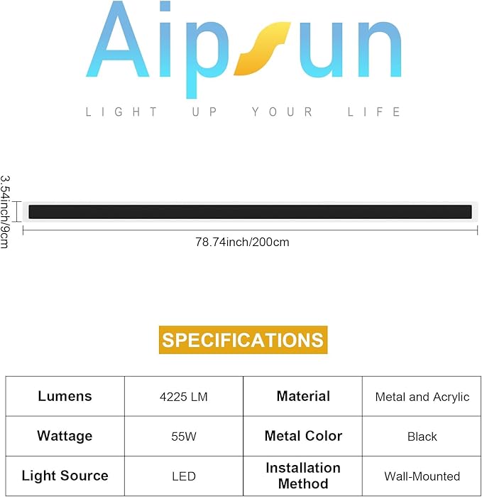 Aipsun Porch Wall Lights 78.7 inch Long Strip Modern Outdoor Wall Light Fixture 1 Pack, 55W Black Wall Mount Lighting Sconce Exterior Lights Wall Sconce 3000K for House Living Room Corridor