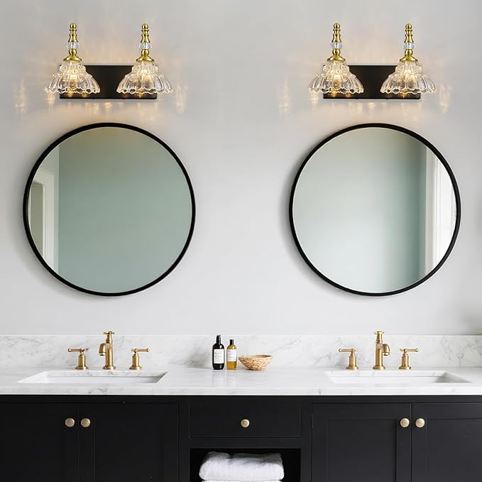 Vintage Bathroom Vanity Light, 2-Light Black Gold Vanity Lighting Fixture with Flower Glass Shade, Bathroom Lighting Fixtures Over Mirror