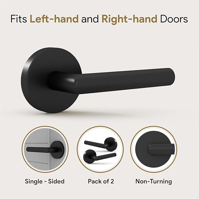 Mega Handles Ronn Dummy Door Handles - 4 Pack Heavy Duty Black Door Handle, Non-Turning Door Handle for Hallway, Closet & French Doors, Single Side, Fits All Standard Doors - Matte Black
