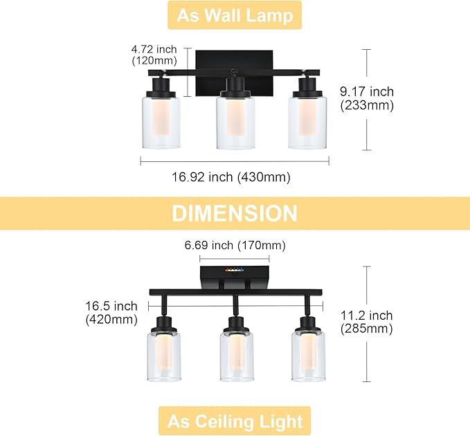 3-Light LED Black Track Lighting Fixtures, 5-Color Temperature Ceiling Spotlight Bathroom Vanity Wall Lighting with Integrated LED Chips & Clear Glass Shade & Frosted Column