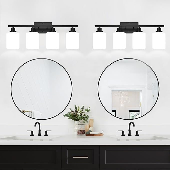 4-Light Bathroom Light Fixtures, Vanity Light with Milky White Shades, Matte Black Bathroom Light Fixtures Over Mirror, Modern Bathroom Wall Lamp for Mirror Living Room Cabinet Bedroom