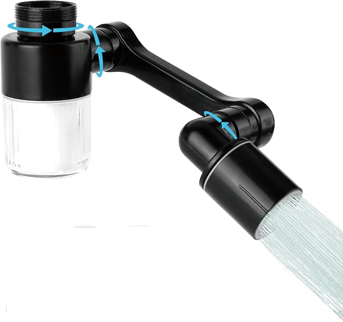 1080° Swivel Tap Extension, Swivel Robot Arm Bathroom Tap Extension, Kitchen Swivel Extension Filter with 2 Mode Splash Proofing (Extender with filter, Black)