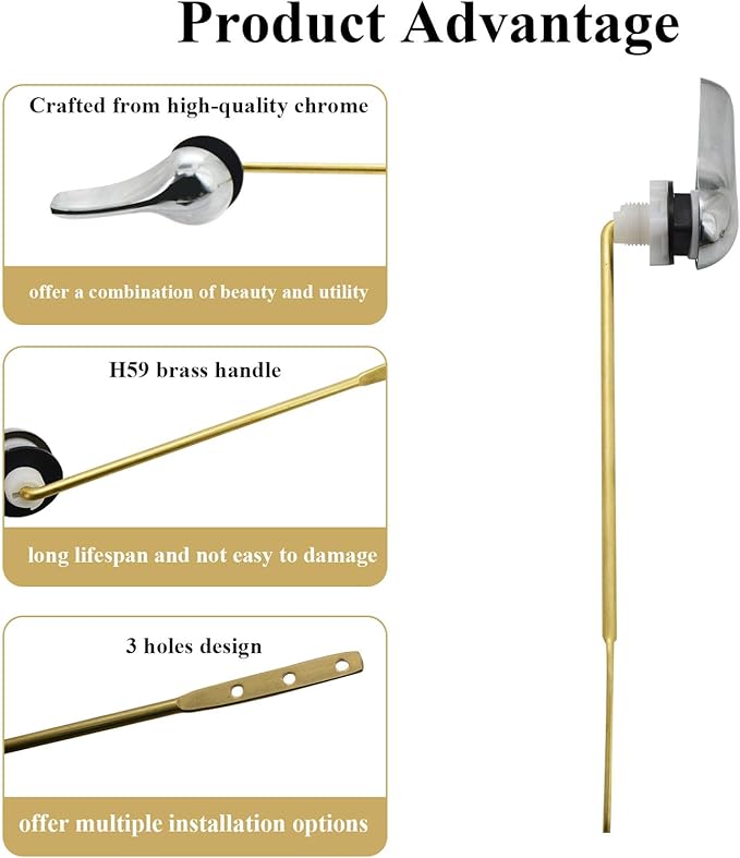 Toilet Handle Replacement Kit, Front Mount H59 Brass Lever, 2-Inch Universal Toilet Flush Valve Flapper, 9.88-Inch Stainless Steel Chain, Compatible with Most Toilets, WC Repair Parts.