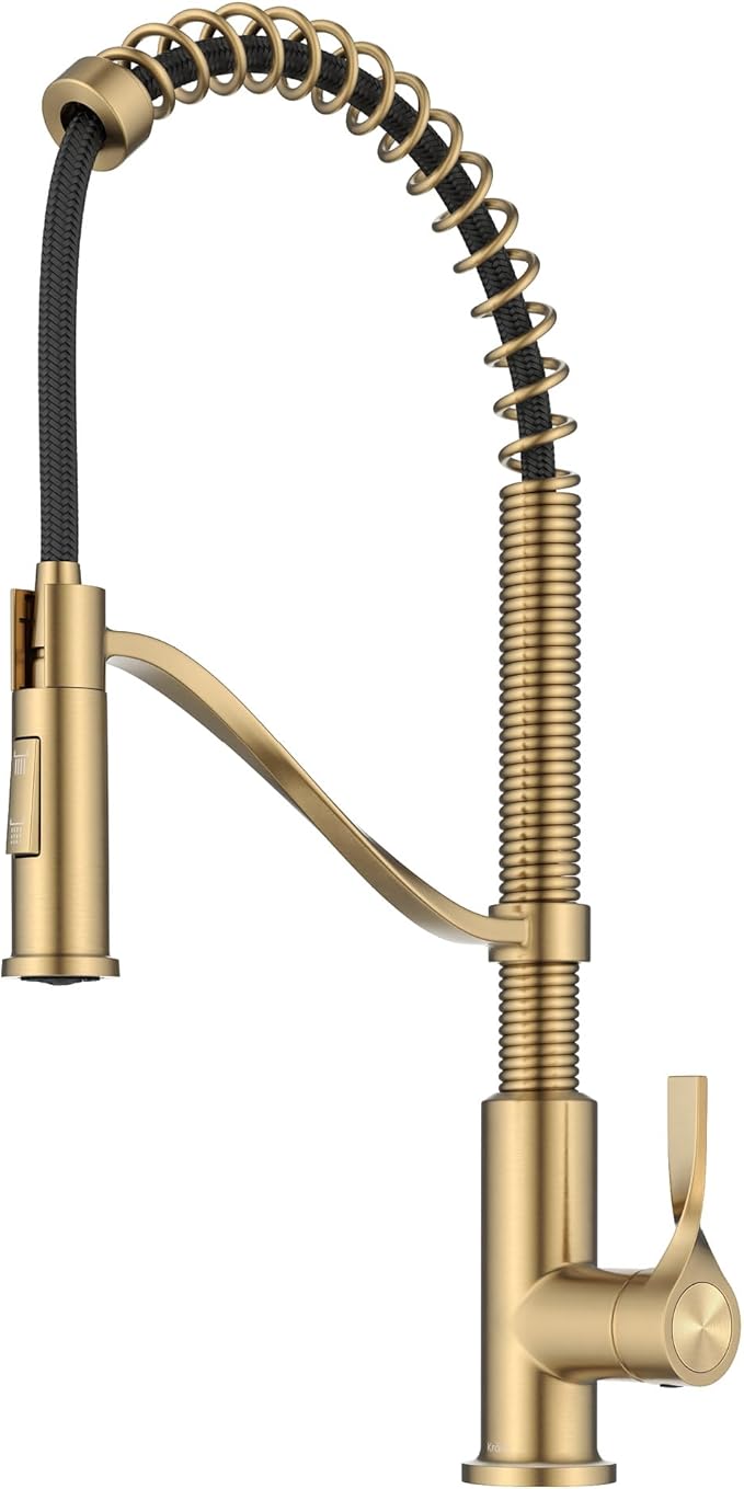 KRAUS Torak Pull Down Kitchen Faucet in Spot-Free Brushed Brass with Commercial Style Spring Spout, 2 Function Sprayer, Pre-Attached Water Lines, and Mounting Hardware, KPF-2635SFBB