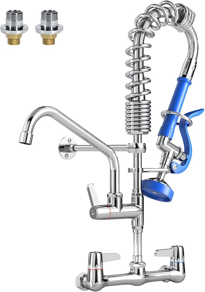 Commercial Faucet with Sprayer for Kitchen Staff : Akwadu Wall Mount Commercial Faucet with Pre Rinse Sprayer 8" Center - 21 Inch Pre Rinse Faucets with 8" Add-On Swing Spout for Dishwashers