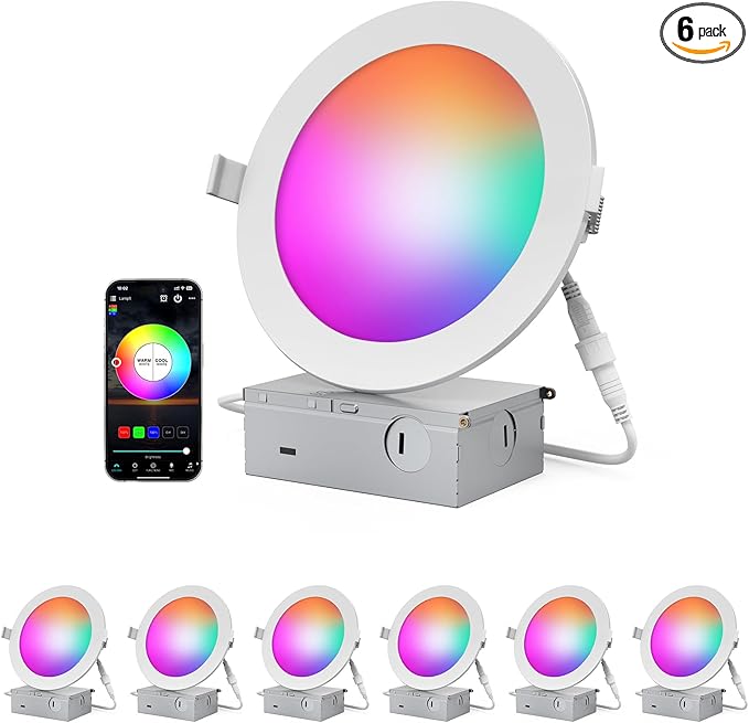 6 Inch Smart Recessed LED Ceiling Soffit Lights, 12W 1080LM RGBCW Canless Recessed Lights Color Changing CCT Dimmable LED Downlight with Junction Box, 6 Pack
