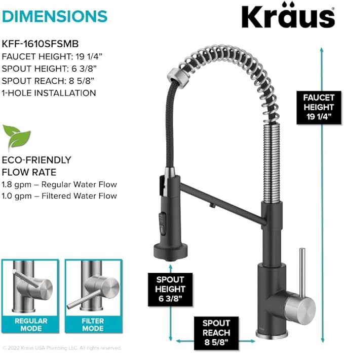 KRAUS Bolden 2-in-1 Commercial Style Pull Down Single Handle Water Filter Kitchen Faucet for Reverse Osmosis or Water Filtration System in Spot-Free Stainless Steel/Matte Black, KFF-1610SFSMB