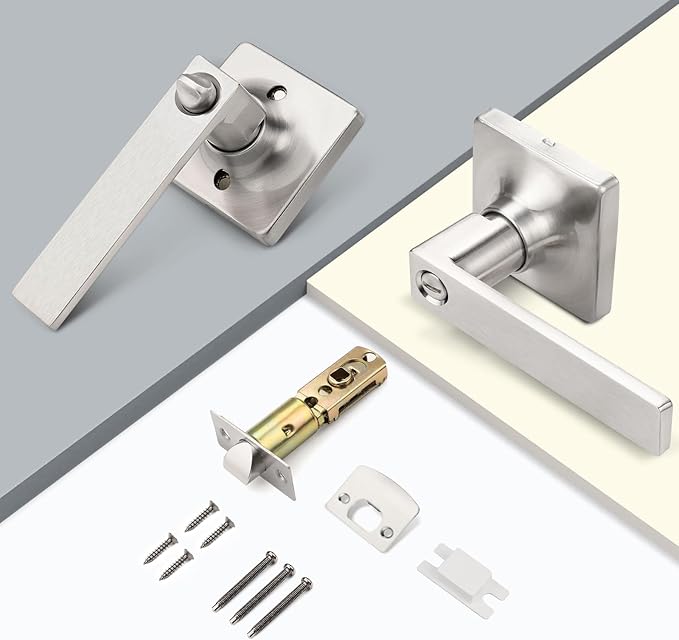 GOBEKOR 8 Pack Privacy Door Handles - Brushed Nickel Interior Door Handles with Lock Square Lever for Bedroom Bathroom Keyless Privacy Lever