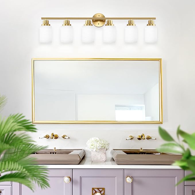 6-Light Vanity Lights, Brushed Gold Bathroom Light Fixture with Striped Textured Milky White Glass Shade, E26 Wall Sconce, Modern Vanity Lighting Fixture for Bathroom Wall Light Over Mirror