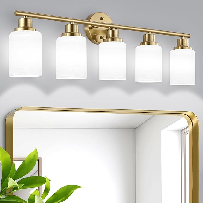 5-Light Vanity Lights, Brushed Gold Bathroom Light Fixture with Striped Textured Milky White Glass Shade, E26 Modern Vanity Lighting Fixture for Bathroom Wall Sconce Light Over Mirror
