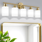 5-Light Vanity Lights, Brushed Gold Bathroom Light Fixture with Striped Textured Milky White Glass Shade, E26 Modern Vanity Lighting Fixture for Bathroom Wall Sconce Light Over Mirror