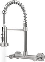 Wall Mount Kitchen Sink Faucet, 8 Inch Center Wall Mount Kitchen Faucets with 3-Function Pull Down Sprayer, Dual Handles Commercial Faucet for Kitchen Laundry Restaurant (Brushed Nickel)