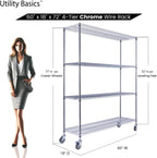 60"x18"x72" Chrome Premium Metal Steel Wire Shelving 4-Tier NSF 3200 LBS MAX Capacity Heavy Duty Storage Rack for Garages, Commercial Spaces, Hospitals, & Schools w/Premium Wheels