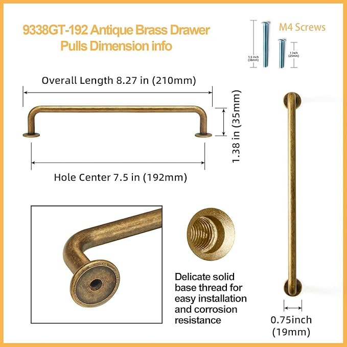 Goo-Ki 6 Pack Antique Brass Cabinet Handle Drawer Pulls, 7.56 Inch(192mm) c-c Vintage Retro Brass Zinc Alloy Bar Pull Kitchen Hardware for Cupboard Furniture