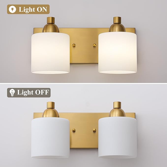 Stainless Steel Milk Glass Vanity Lights for Bathroom, 2 Light Gold Bathroom Light Fixtures Over Mirror, Ceramic E26 Sockets Wall Mounted