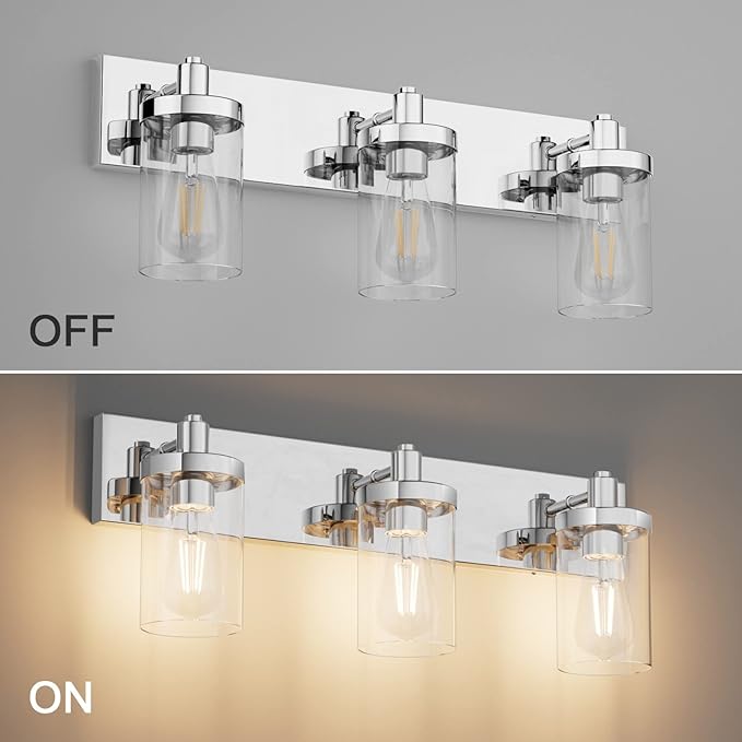Aipsun Chrome Vanity Light for Bathroom 3 Light Farmhouse Bathroom Lights Fixtures Over Mirror with Clear Glass Shade(Exclude Bulb)