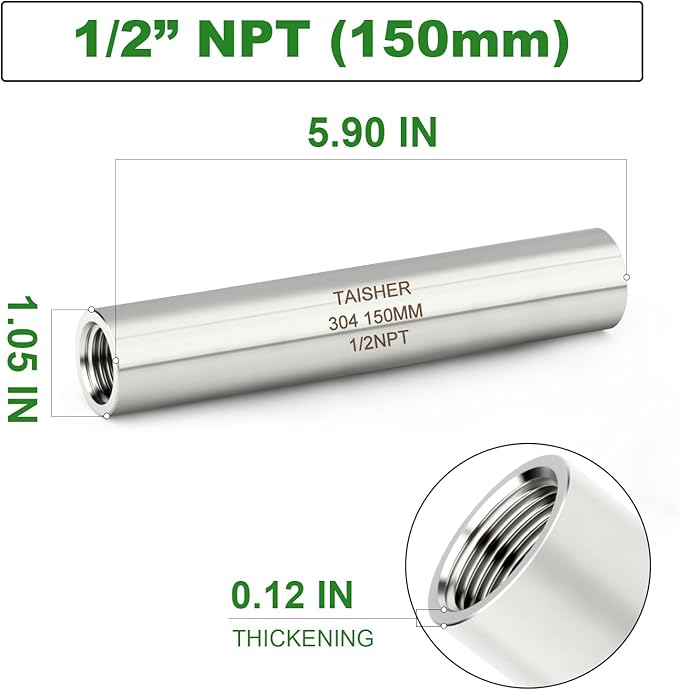 TAISHER 2PCS Stainless Steel Pipe Fittings, 1/2" NPT Female x 1/2" NPT Female Threaded, 6" Length Thickened Nipple Cast Pipe