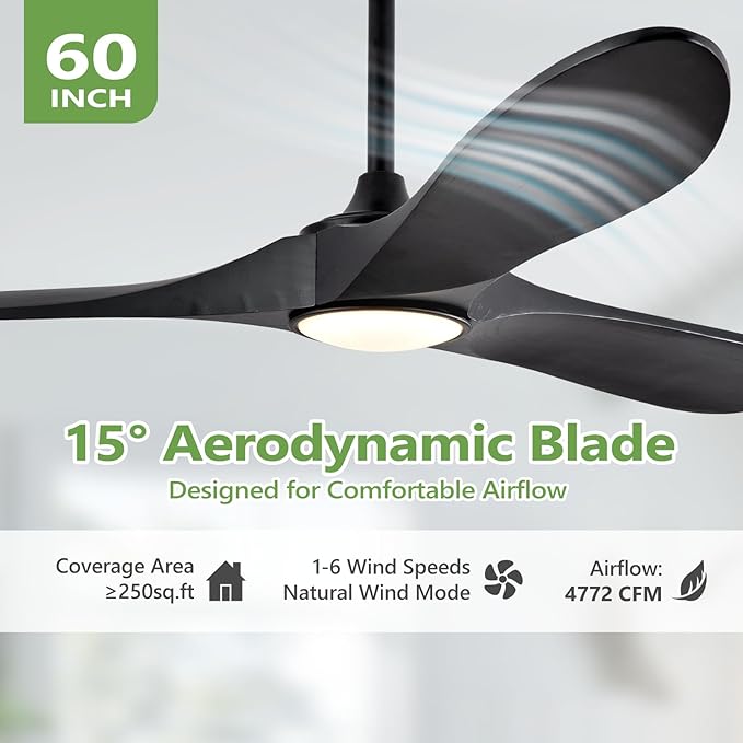 60 Inch Black Ceiling Fans with Lights and Dimmable Mordern, Outdoor Ceiling Fan with Lights High CFM Quiet 3 Blades Propeller Wood Ceiling Fan for Patio,Porch,Farmhouse,Gazebo