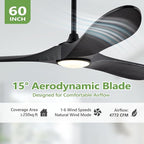60 Inch Black Ceiling Fans with Lights and Dimmable Mordern, Outdoor Ceiling Fan with Lights High CFM Quiet 3 Blades Propeller Wood Ceiling Fan for Patio,Porch,Farmhouse,Gazebo