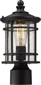 Emliviar Lamp Post Light Fixture - Modern Outdoor Post Light with Seeded Glass 12.5 Inch, Black Finish, XE229P-S BK