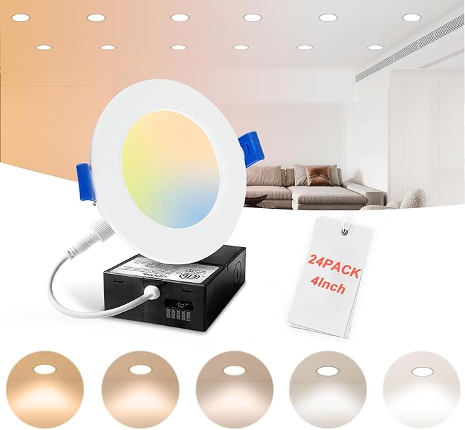 24 Pack LED Recessed Lighting 4 Inch with Junction Box, 5CCT Ultra-Thin Recessed Light, 700LM High Brightness, Dimmable Canless Wafer Ceiling Light, 8W, FCC&ETL