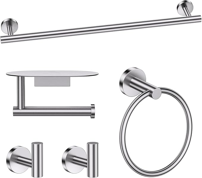 TURS Brushed 5 Piece Bathroom Hardware Set, SUS304 Stainless Steel Bath Towel Bar Set, Bathroom Towel Rack Set Wall Mounted
