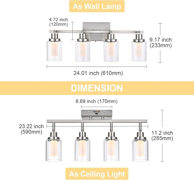 4-Light LED 5-Color Temperature Track Lighting Fixtures in Brushed Nickel, Ceiling Spotlight Bathroom Wall Lighting with Integrated LED Chips & Clear Glass Shade & Frosted Column