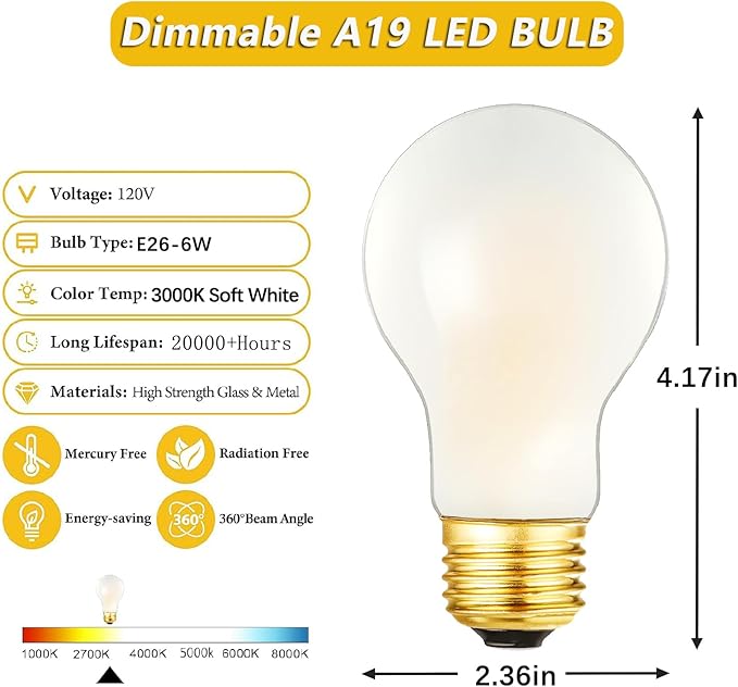 A19 Frosted Vintage LED Edison Bulbs 60W, E26 Dimmable LED Filament Light Bulbs, 3000K Soft White,6W Equivalent 60W,600LM, AC120V, A19 Frosted Light Bulbs with 90 CRI,6Pack