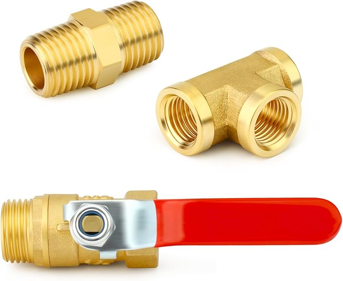 GASHER 6PCS 1/2 Inch NPT Brass Pipe Fitting, Ball Valve, Barstock Tee Brass Pipe Fitting and Air Hose Fitings