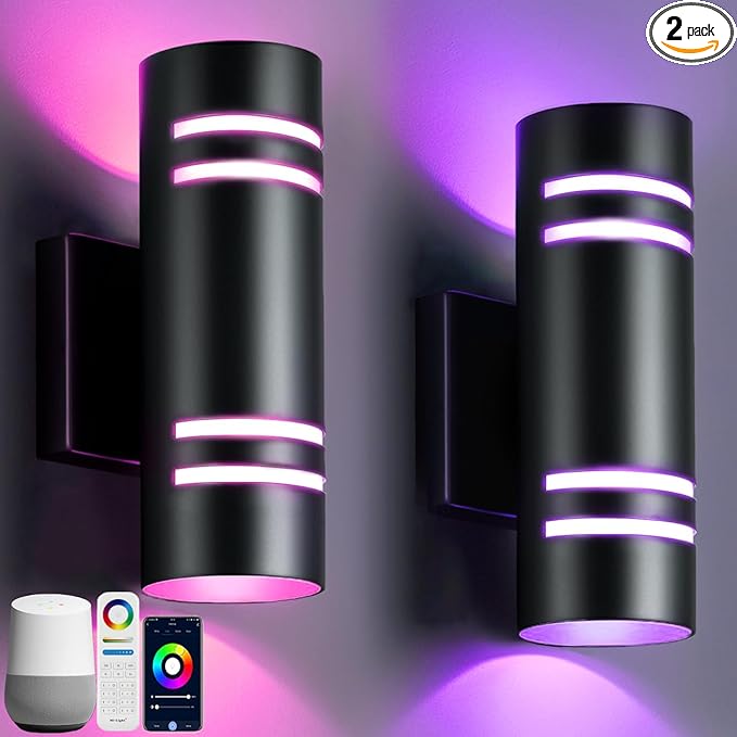 wowlite Outdoor Wall Lights for House, Remote Control Smart RGBCW Up and Down Lights Outdoor Sconce RGB Color Changing, Black Cylinder Aluminum Exterior Lighting Fixtures for Porch Garage, ETL Listed