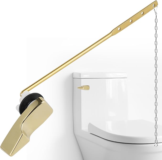 Polished Gold Universal Toilet Handle Replacement, Front Mount Toilet Flush Compatible with American Standard/Mansfield/TOTO/Kohler Toilets, Brass Toilet Trip Lever, Stainless Steel Flapper Chain