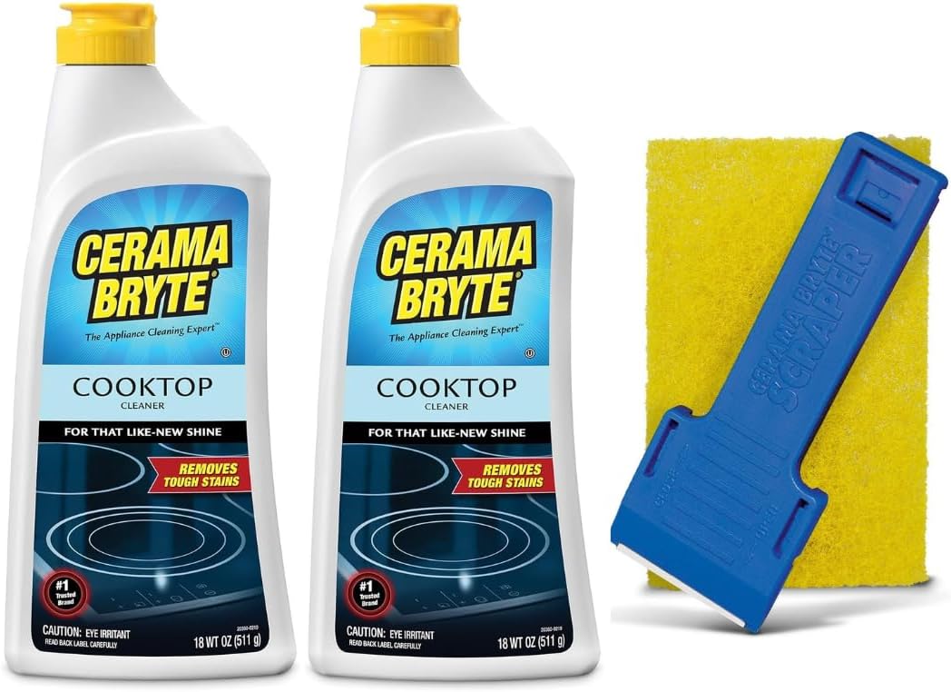 Cerama Bryte Cook Top Cleaner 18 oz 2-Pack & Scraper Pad Bundle