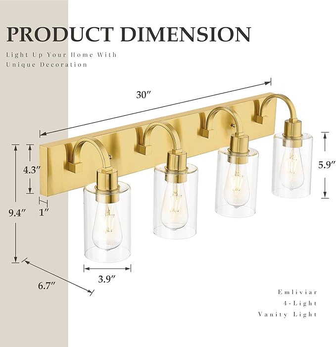 Emliviar 30 Inch Gold Vanity Light, 4-Light Bathroom Light Fixtures with Clear Glass Shade, Brushed Gold Finish, YCE237B-4W BG
