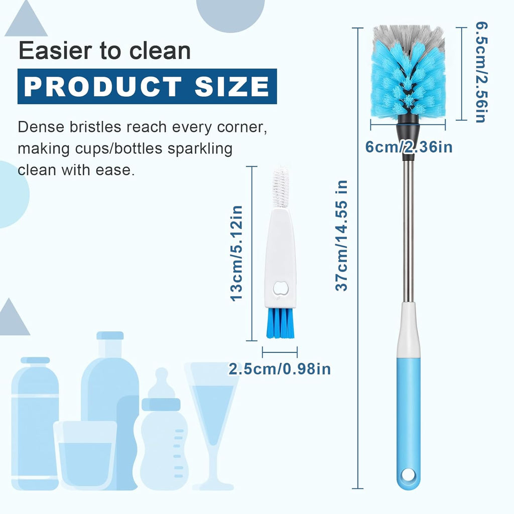 2-in-1 Water Bottle Brush, 14.5-inch Long-Handled Cleaning Brush, Kitchen Scrubber, Lid Cleaner, Suitable for Water Bottles, Cups, Glasses, Baby Bottles, Blue
