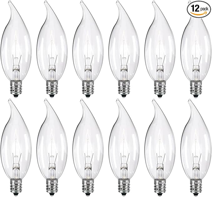 12-Pack Clear B10 CTC E12 Base Decorative Candle Light Bulbs, 60W, 480 Lumens, 2700K Warm White, Dimmable Incandescent Bulbs for Chandeliers and Wall Sconces