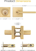 4 Sets Entry Door Handle and Single Cylinder Deadbolt Lock and Key Combo Pack - Heavy Duty Square Locking Lever Set - Interior/Exterior Door Levers in Satin Brass Finish
