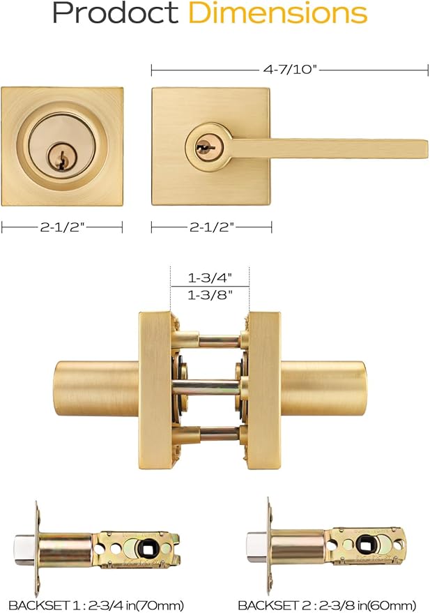 4 Sets Entry Door Handle and Single Cylinder Deadbolt Lock and Key Combo Pack - Heavy Duty Square Locking Lever Set - Interior/Exterior Door Levers in Satin Brass Finish