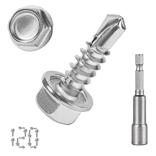 QSJ 120PCS #8 x 5/8'' Sheet Metal Screws 410 Stainless Steel Hex Washer Head Fast Self Tapping Screws with Screwdriver Bit Silver