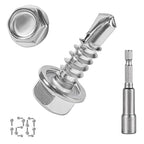 QSJ 120PCS #8 x 5/8'' Sheet Metal Screws 410 Stainless Steel Hex Washer Head Fast Self Tapping Screws with Screwdriver Bit Silver