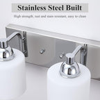 Stainless Steel Milk Glass Vanity Lights for Bathroom, 2 Light Polished Chrome Bathroom Light Fixtures Over Mirror, Ceramic E26 Sockets Wall Mounted