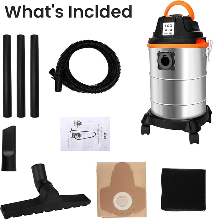 LIGO Shop Vacuum Wet and Dry, 4 Gallon Shop Vac with Accessories, Staninless Steel Tank, 4HP, for Workshop, Garage, Home and Car Vacuum Cleaner