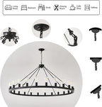 53” Large Farmhouse Wagon Wheel Chandelier,Black Rustic Chandelier 24-Lights,Round Dining Room Light with Adjustable Height,Industrial Ceiling Light Fixtures for Kitchen,Foyer,Porch,Living room