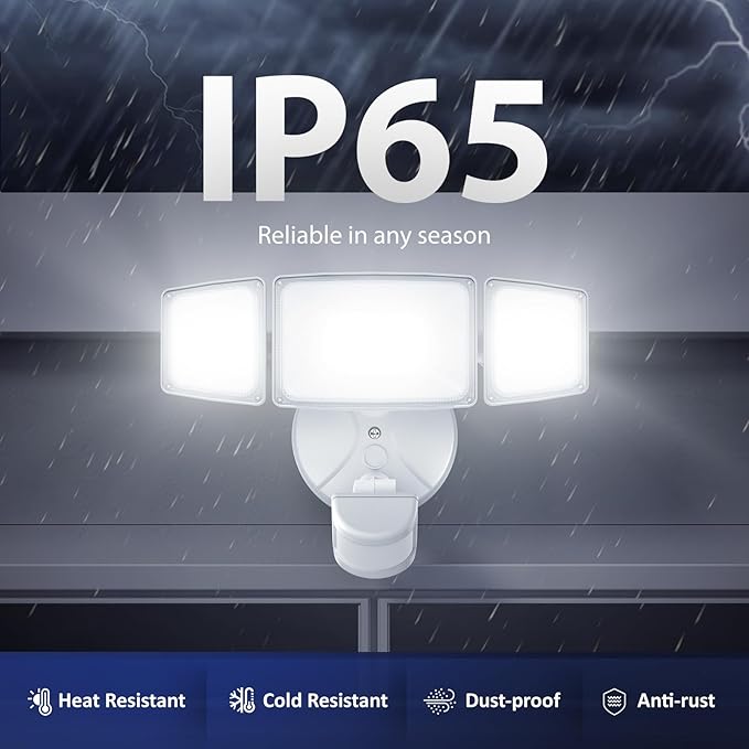 Onforu 65W LED Flood Light Motion Sensor Outdoor, 6500lm Security Light with Three Head, IP65 Waterproof Exterior Floodlight, 6500k Wall Light for Entryways Stairs Yard Garage